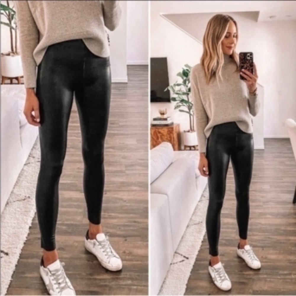COMMANDO CONTROL BLACK CROP FAUX LEATHER LEGGINGS LARGE